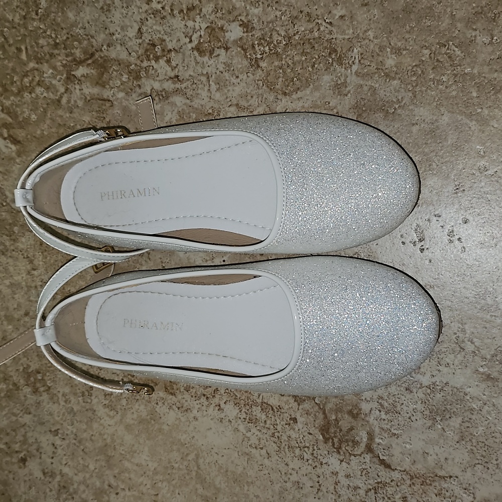 Girls white, sparkly dress shoes with ankle strap. Worn once